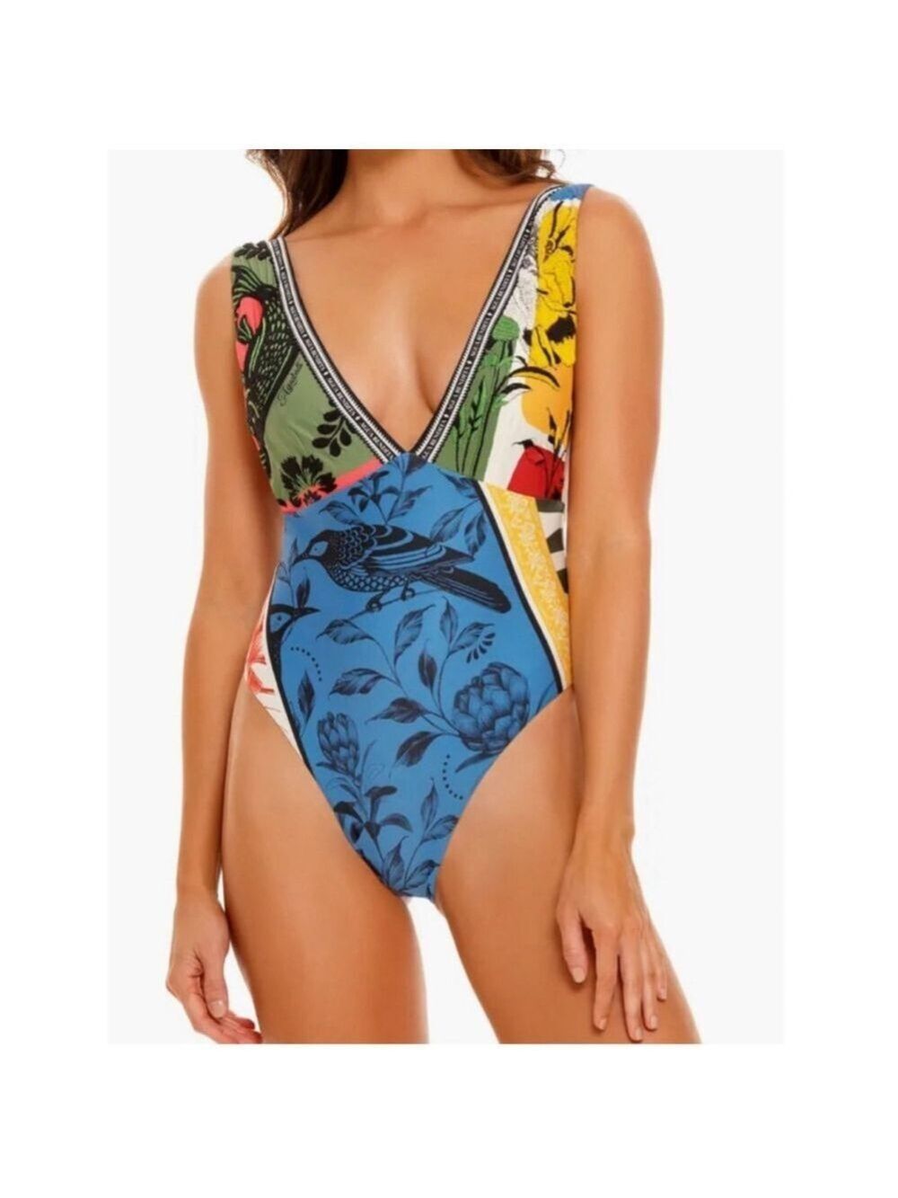 NWOT Aguabendita Blue Multi-color Floral Tulipa Tout Print One-Piece Swimsuit L